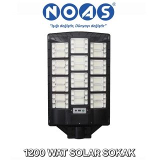 NOAS 1200 Watt LED solar sokak aydınlatma armatürü — yüksek güçlü monokristal güneş paneli, ultra yüksek kapasiteli LiFePO₄ batarya ve çoklu SMD LED modülleriyle geniş alanlarda tam gece kesintisiz aydınlatma sağlar.