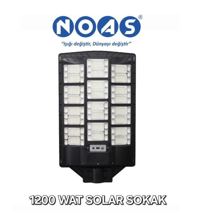 NOAS 1200 Watt LED solar sokak aydınlatma armatürü — yüksek güçlü monokristal güneş paneli, ultra yüksek kapasiteli LiFePO₄ batarya ve çoklu SMD LED modülleriyle geniş alanlarda tam gece kesintisiz aydınlatma sağlar.