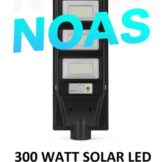 NOAS 300 Watt güneş enerjili LED solar sokak aydınlatma armatürü – yüksek güçlü paneli, geniş açılı LED çipleri ve uzun ömürlü LiFePO₄ bataryasıyla gece boyunca kesintisiz aydınlatma sağlar.