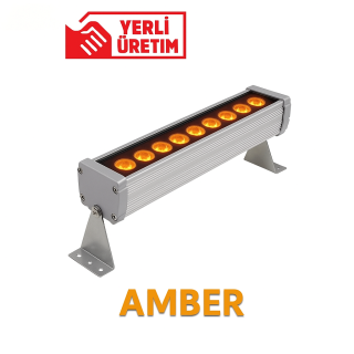 9 LED 30 cm amber wallwasher armatürü – alüminyum gövdeli, paslanmaz montaj ayaklı, sıcak kehribar tonunda ışık yayan dış mekan duvar aydınlatma lambası. Fotoğrafta beyaz fonda yerli üretim logolu, 9 adet amber LED’e sahip profesyonel wallwasher ürünü görülmektedir.