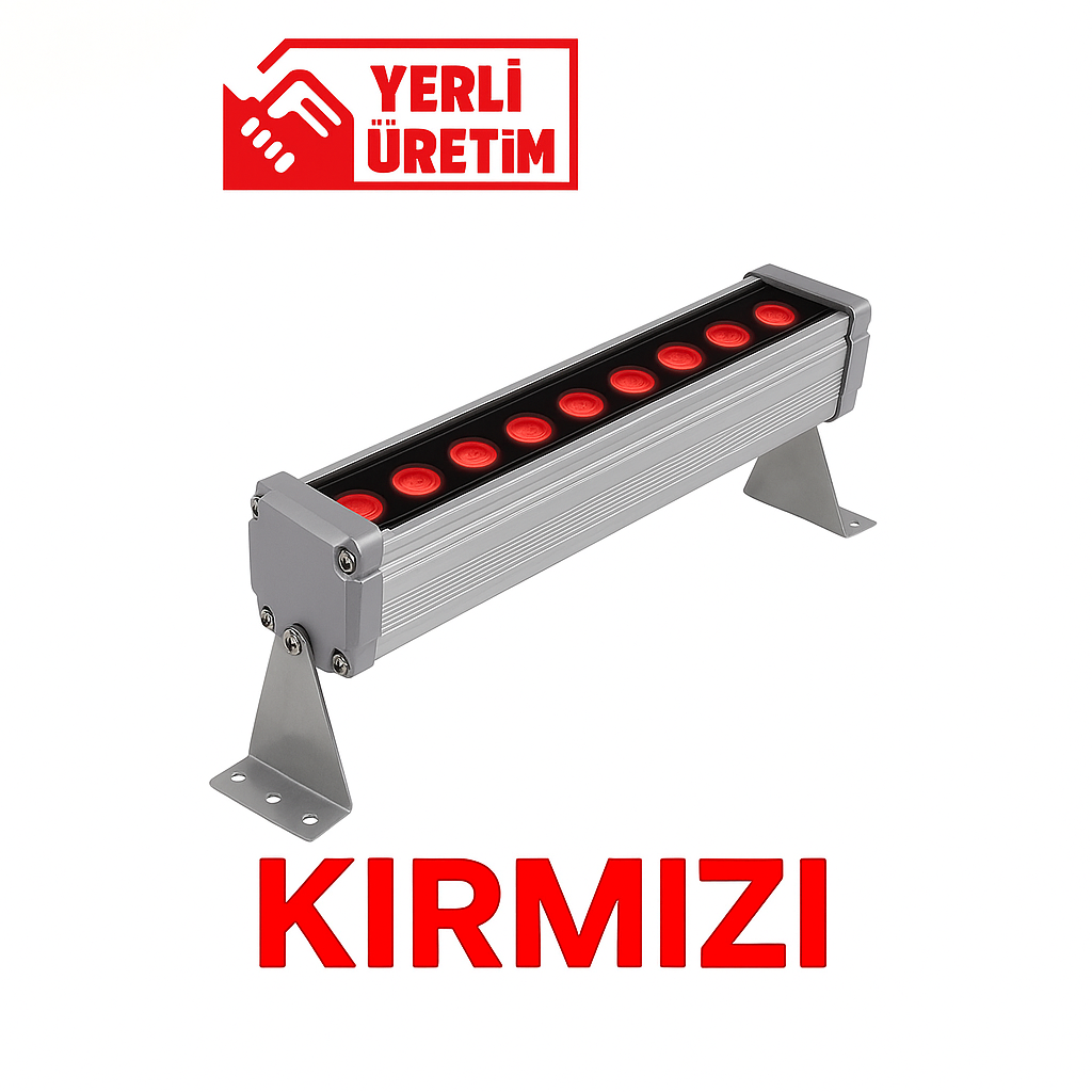 9 LED kırmızı wallwasher armatürü; mimari yüzeyleri, bina cephelerini, sahne dekorlarını ve vitrinleri etkileyici kırmızı tonlarla aydınlatmak için tasarlanmış profesyonel bir LED duvar boyama lambasıdır. 30 cm uzunluğundaki alüminyum gövdesi sayesinde yüksek ısı dayanımı, hafif yapı ve uzun ömürlü kullanım sunar. IP65 koruma sınıfı ile yağmur, toz ve dış etkenlere karşı tam koruma sağlar. 220V AC ile doğrudan çalışır, ek adaptör veya sürücü gerektirmez. Geniş açılı lens yapısı sayesinde homojen ışık dağılımı elde edilir ve kırmızı ışığın canlı, doygun tonu sayesinde mekânlara vurgu ve derinlik kazandırır. Fotoğrafta, 9 adet yüksek güçlü kırmızı LED’e sahip alüminyum gövdeli wallwasher görülmektedir. Ürün “Yerli Üretim” logolu, iki yandan paslanmaz montaj ayaklarıyla desteklenmiş olup, düz beyaz zemin üzerinde profesyonel ürün çekimiyle sunulmuştur. Enerji verimliliği, estetik görünüm ve dayanıklılığıyla dış cephe, tabela, sahne ve vitrin aydınlatmalarında öne çıkan bir çözümdür.