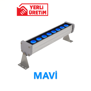 9 LED 30 cm mavi wallwasher armatürü – alüminyum gövdeli, paslanmaz montaj ayaklı, güçlü mavi ışık yayan dış mekan duvar aydınlatma lambası. Fotoğrafta beyaz fonda yerli üretim logolu, 9 adet mavi LED’e sahip profesyonel wallwasher ürünü görülmektedir; bina cepheleri, sahne ve vitrin aydınlatmaları için tasarlanmıştır.