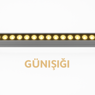 **Fotoğraf için Alternatif Metin (Alt Text):** 60 cm uzunluğunda, 18 LED’li gün ışığı (warm white) renkli dış mekan wallwasher armatür. Gri alüminyum kasası ve 30° dar açılı lens yapısıyla duvar yüzeylerinde doğal ve sıcak beyaz ışık efekti oluşturur.