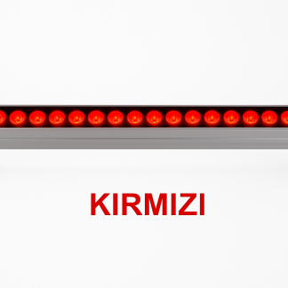 **Fotoğraf için Alternatif Metin (Alt Text):** 60 cm uzunluğunda, 18 LED’li kırmızı renkli dış mekan wallwasher armatür. Gri alüminyum kasası ve 30° dar açılı lens yapısıyla duvar yüzeylerinde güçlü ve yoğun kırmızı ışık efekti oluşturur.