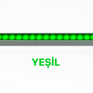 **Fotoğraf için Alternatif Metin (Alt Text):** 60 cm uzunluğunda, 18 LED’li yeşil renkli dış mekan wallwasher armatür. Gri alüminyum kasası ve 30° dar açılı lens yapısıyla duvar yüzeylerinde güçlü yeşil ışık efekti oluşturur.
