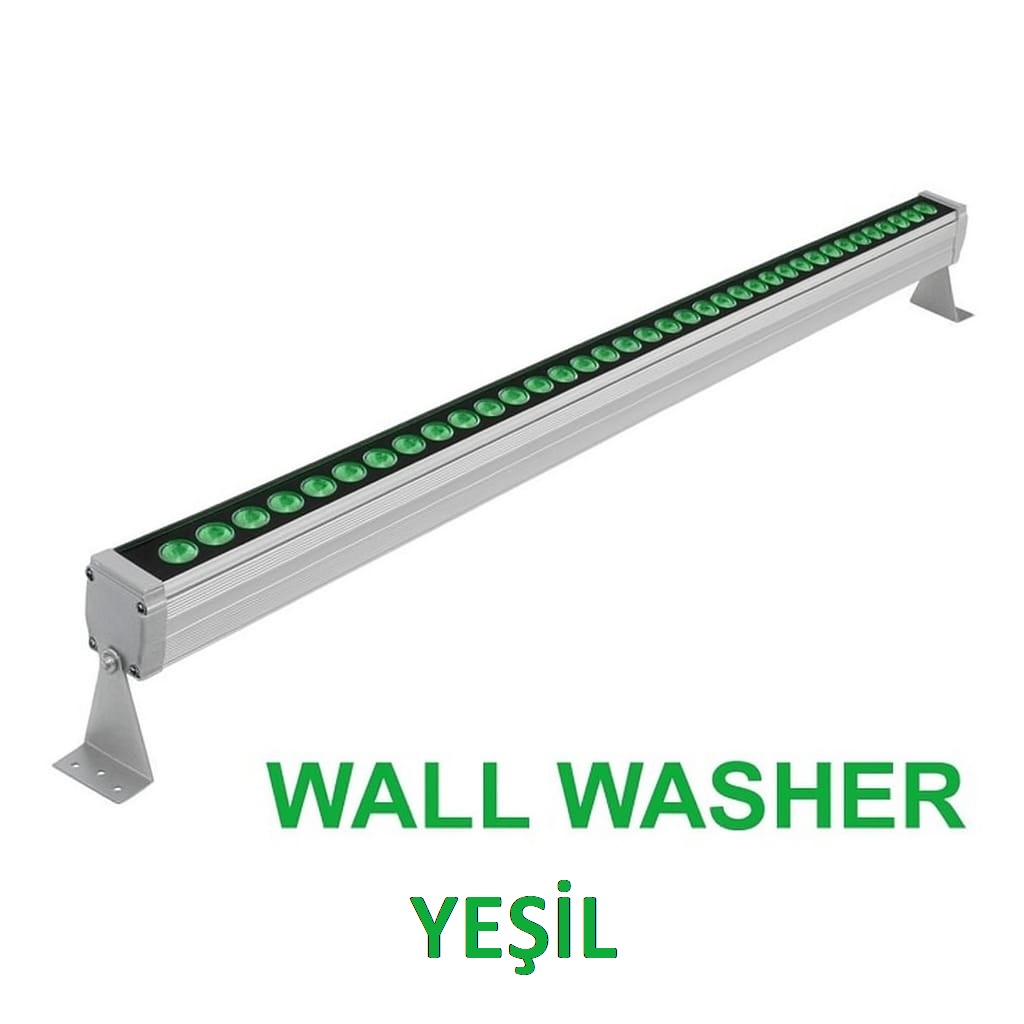 **Fotoğraf İçin Alternatif Metin (Alt Text):** 1 metre yeşil wallwasher – 36 Samsung LED’li dış mekan duvar aydınlatma armatürü, IP65 suya dayanıklı alüminyum gövde, 220V direkt çalışma, güçlü yeşil ışık efekti.