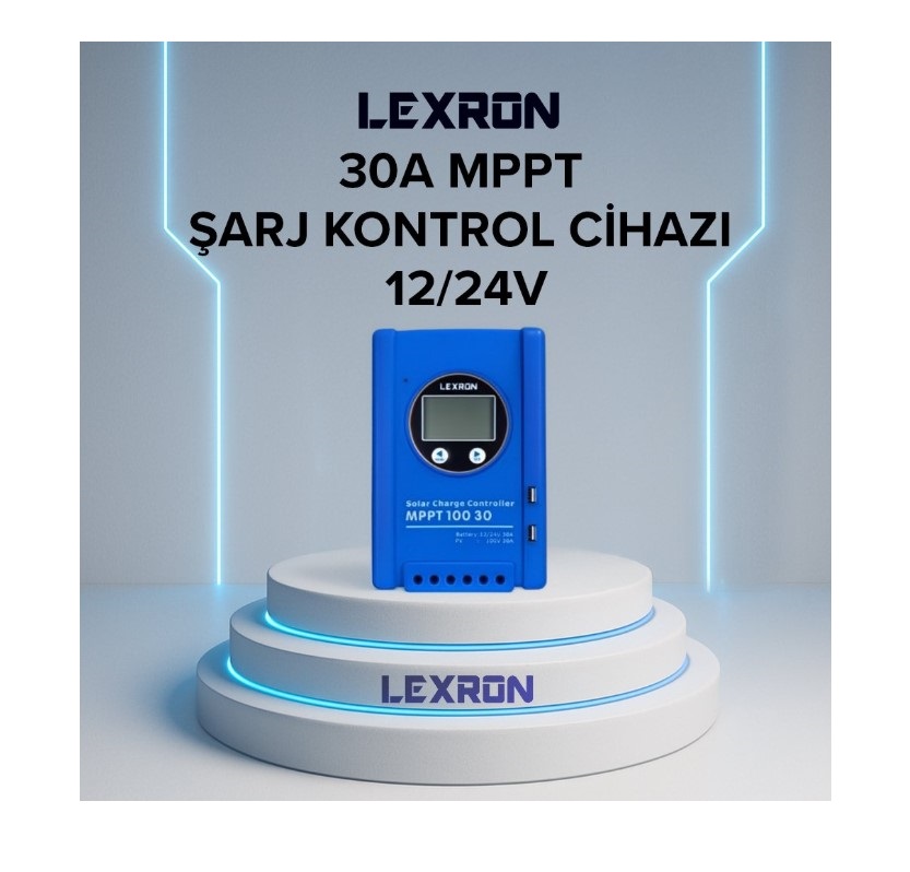 Lexron 30A MPPT solar şarj kontrol cihazı ön görünüm güneş paneli akü şarj regülatörü