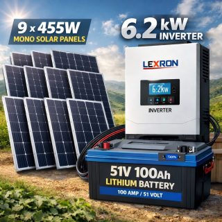 9 adet 455W mono solar panel, 6.2 kW Lexron inverter ve 51V 100Ah lityum batarya ile güneş enerjisi sistemi
