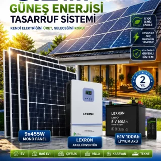 6.2 KW Güneş Enerjisi Tasarruf Sistemi Lexron İnverter 9 adet 455W Mono Panel 51V 100Ah Lityum Akü Komple Solar Set ana urun gorseli